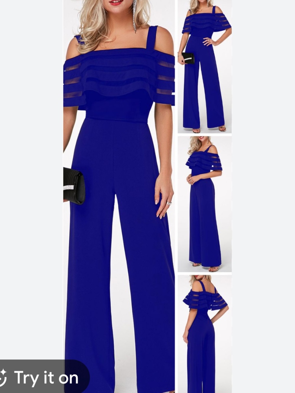 Rosewe Jumpsuit Strappy Cold Shoulder Ruffle Overlay Size S Royal Blue
